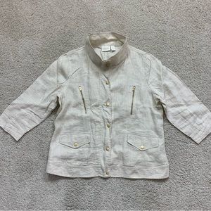 Women's CHICOS Light Beige STYLISH LINEN Snap Front SAFARI 3/4 Sleeve JACKET
